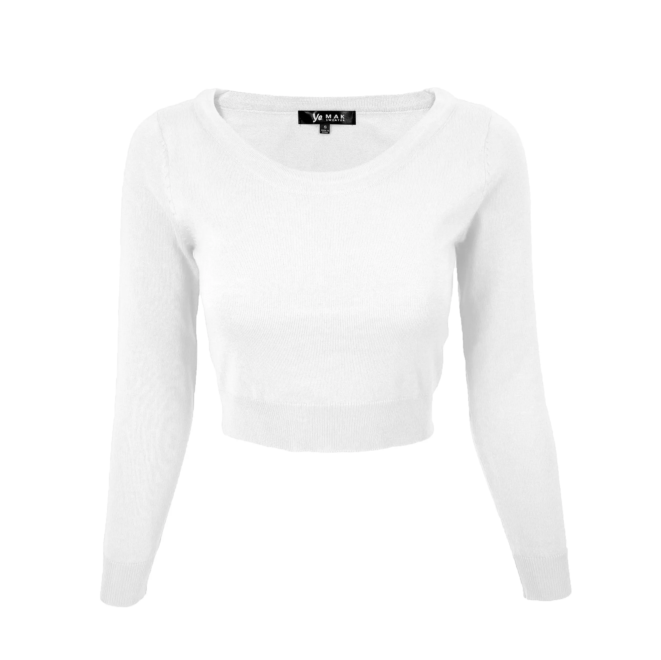 YEMAK Women's Stretch Crop Top Pullover Sweater - Long Sleeve Slim Bodycon Crewneck Basic Casual Pullover Solid  Cropped Knit Top MK3637 (S-XL)