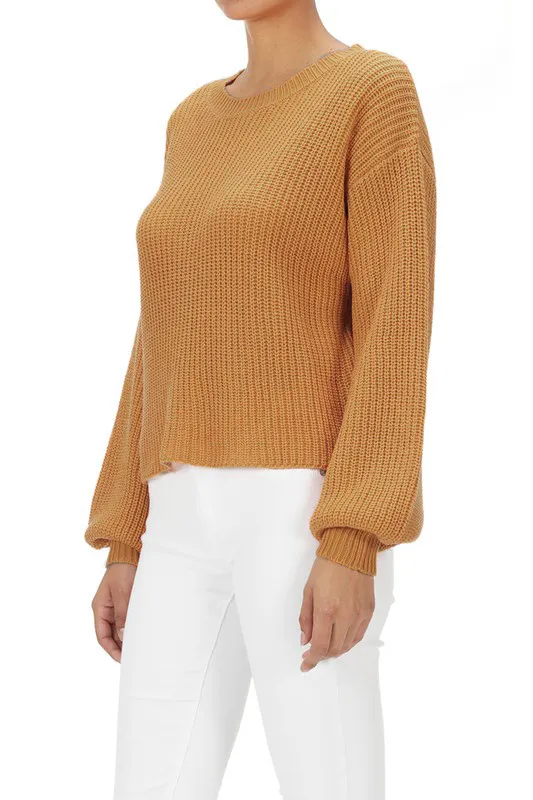 Yemak Women's Wide Puff Sleeve Waffle Knit Sweater Pullover Top MK3654