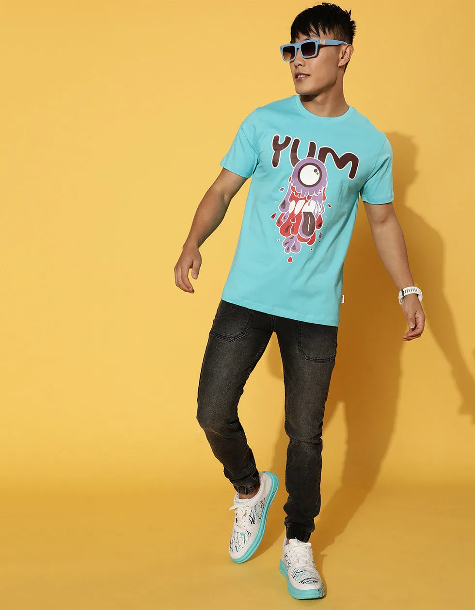 YUM Blue Regular Chest Graphic Printed Tshirt