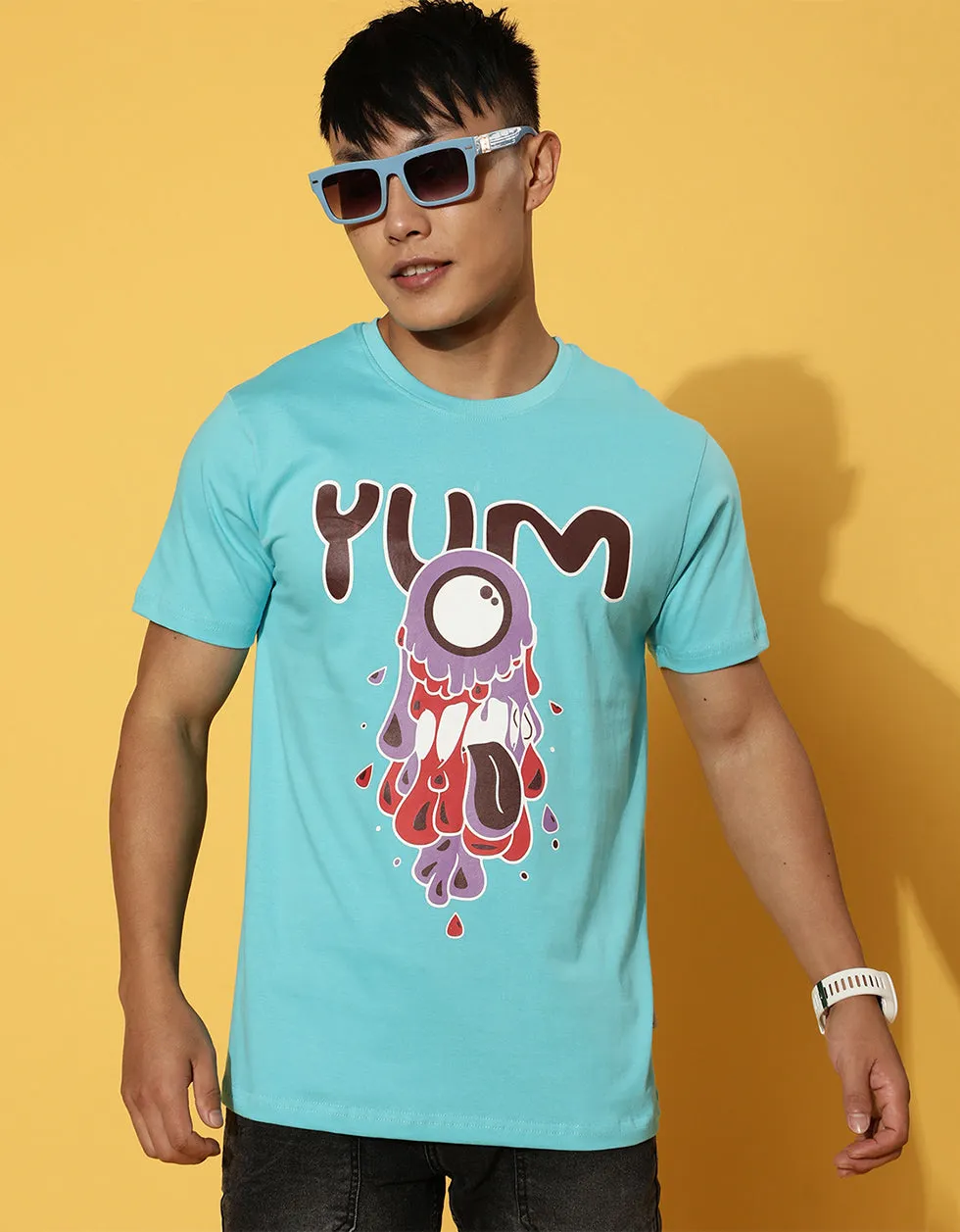 YUM Blue Regular Chest Graphic Printed Tshirt